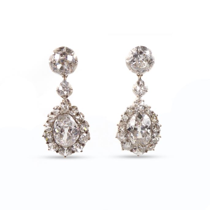 Pair of diamond pear shaped cluster pendant earrings | MasterArt